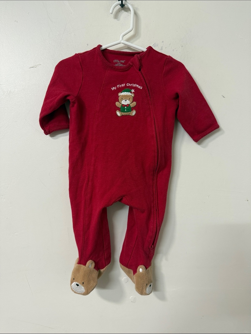 Little Me Red 'My First Christmas' Bear Footed One-Piece - Picture 1 of 2